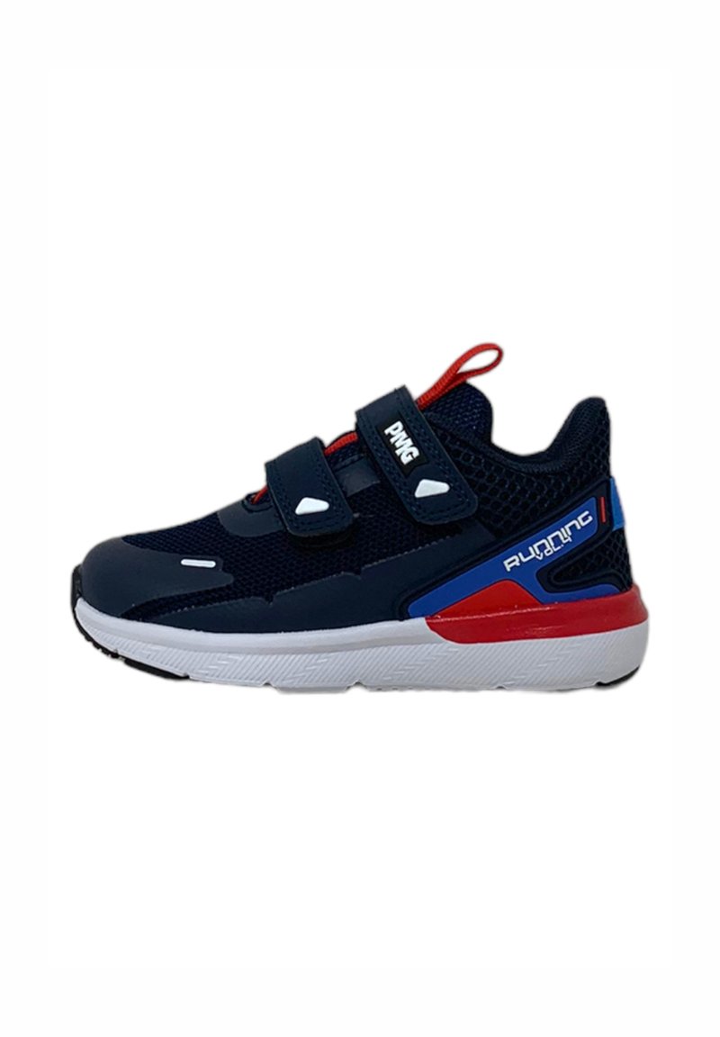 scarpe da corsa navy con accenti rossi e bianchi, tessuto in rete, doppie cinghie con chiusura a velcro e suole in gomma texturizzata per aderenza.