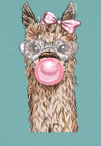 Llama de cartoon avec un pelage brun ondulé, des lunettes en forme de cœur et un nœud en pois roses, soufflant une bulle de chewing-gum rose sur un fond teal.