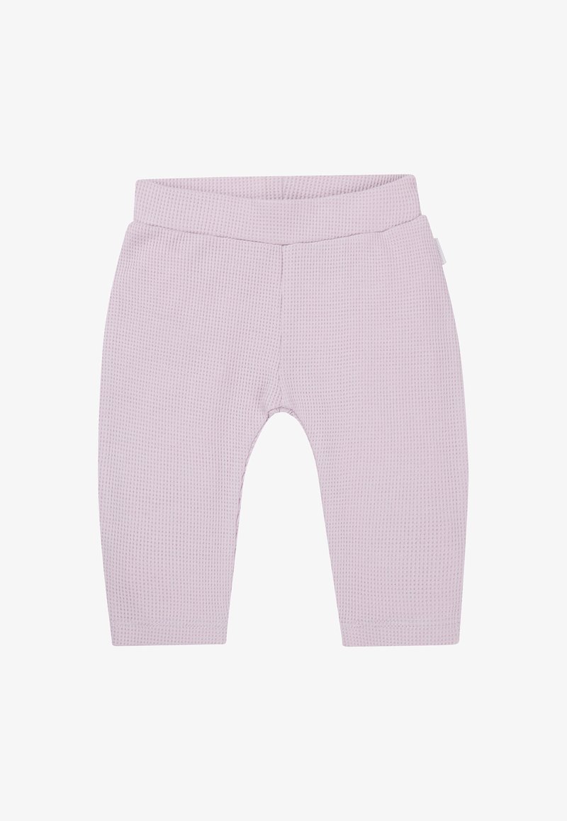 Lichtroze broeken van wafelbreiwerk met een rekbare tailleband en ribgebreide boorden. Heeft een gladde textuur en een lichte glans.