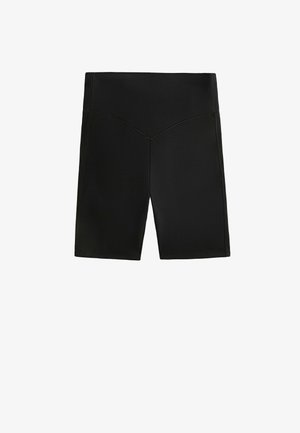 Czarne spodenki sportowe z elastycznego materiału o gładkiej fakturze, z wysokim stanem i ukośnymi szwami.