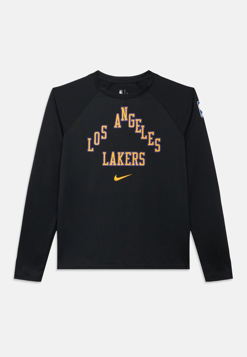 Czarna koszula z długim rękawem z rękawami raglanowymi, ozdobiona zakrzywionym napisem "LOS ANGELES LAKERS" w kolorach złotym i fioletowym oraz logo Nike w żółtym kolorze.