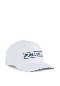 Balta golfo kepurė su struktūrizuotu dizainu ir žaliu siuvinėtu "PUMA GOLF" emblemė priekyje. Savybės: išlenktas kraštas ir reguliuojama juosta.