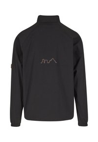 Black long-sleeve jacket with high collar, elastic cuffs, and a small outline of a city skyline centered on the back.