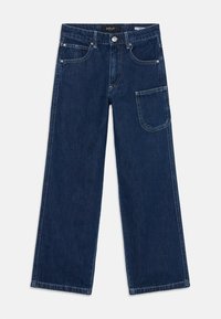 Mørkeblå denimjeans med vide, rette ben. Har fem lommer, synlig søm og en metallknapp i livet.