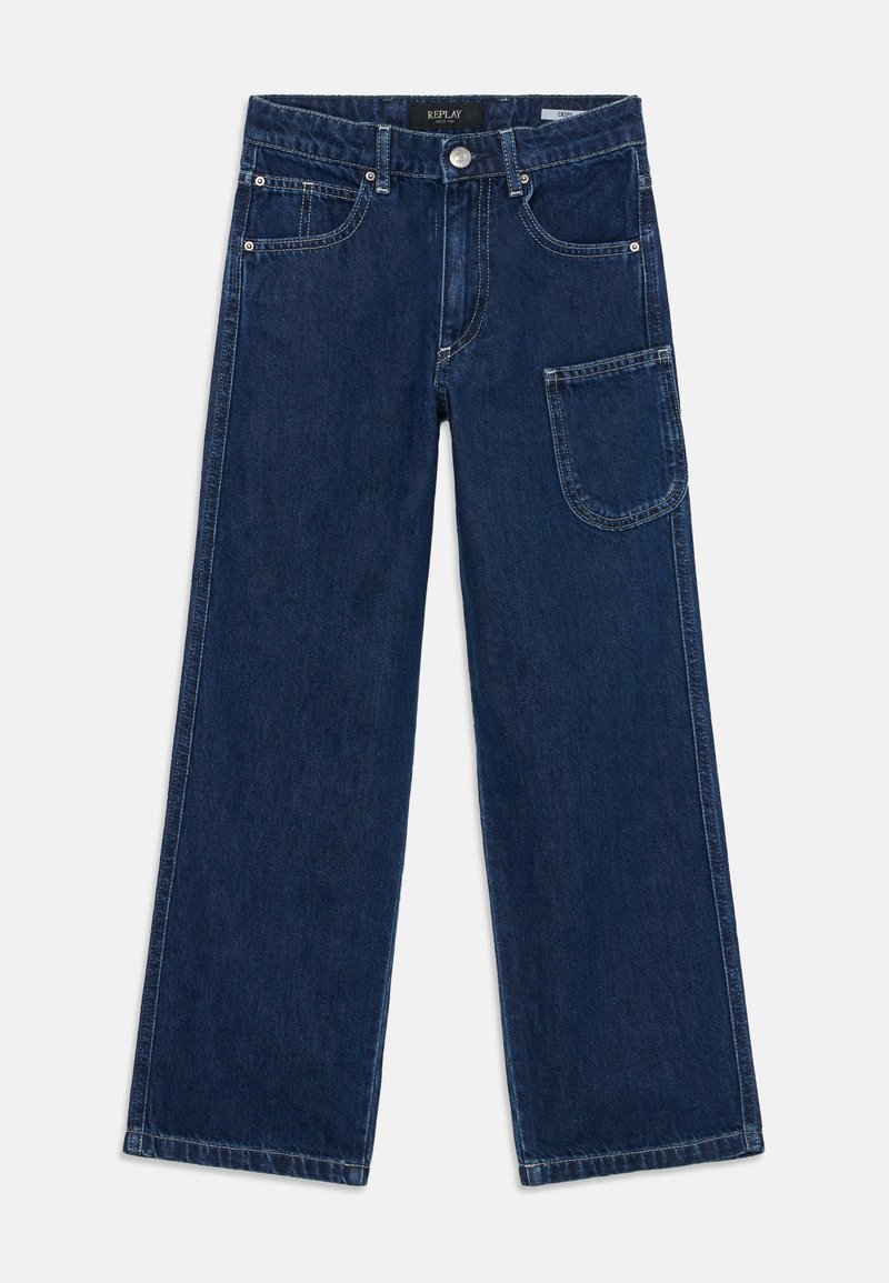Mørkeblå denimjeans med vide, rette ben. Har fem lommer, synlig søm og en metallknapp i livet.