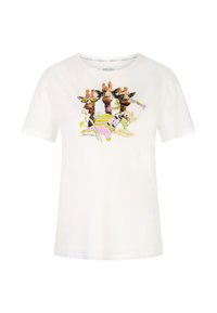 Weißes Baumwoll-T-Shirt mit buntem Grafikdesign von drei Giraffen in Sonnenbrillen, umgeben von floralen Elementen und einem gestreiften Hintergrund.