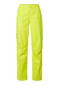 Neon yellow waterproof pants with an elastic waistband. Features a small black logo on the left leg and a smooth, lightweight texture.