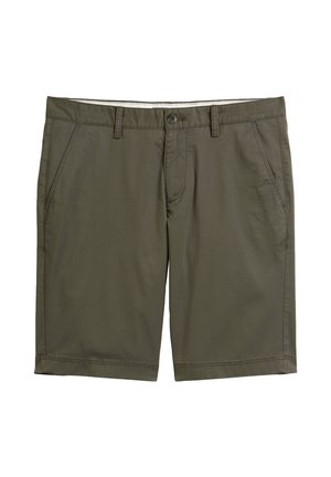 Men's olive green shorts made of lightweight fabric, featuring side pockets, belt loops, a button closure, and a clean, straight cut.