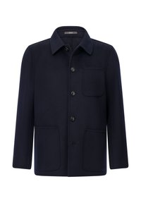 Tamsiai mėlynas vilnonis paltas su mygtukų priekiu, smailiu apykakle, dviem priekinėmis kišenėmis ir viena krūtine kišene. Lygus tekstūrinis paviršius su pritaikytu dizainu.