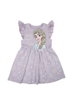 Robe violette avec des manches courtes à volants, présentant un graphisme d'un personnage et le texte "Embrassez la magie de vous," décorée de flocons de neige blancs.