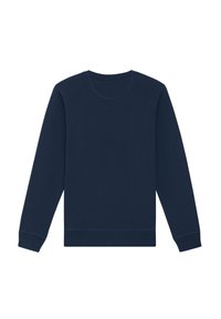 Marineblauwe sweatshirt met lange mouwen, ronde hals, ribgebreide manchetten en zoom. Gemaakt van zachte stof met een gladde textuur. Geen patronen of grafische elementen.