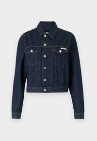 Džínová bunda tmavě modré barvy, zkrácený střih s dlouhými rukávy, zapínání na knoflíky, dva náprsní kapsy a kontrastní šití. Stříbrné kovové doplňky.