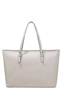 Sac fourre-tout gris clair en matériau synthétique texturé, doté de deux longues poignées et d'un design épuré et minimaliste avec des accents en métal argenté.