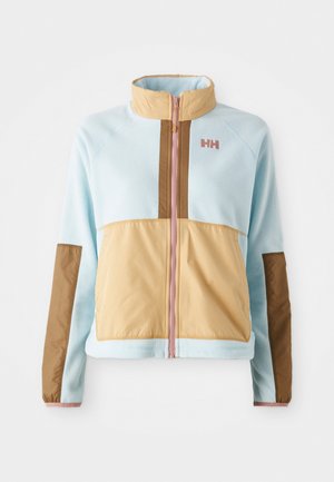 Light blue and tan zip-up jacket with a high collar, color block design, brown accents, and a small logo on the chest.