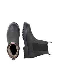 Zwarte enkelboots met een glad leren buitenkant, elastische zijpanelen en nep bont voering. Voorzien van een rubberen zool met gestructureerde loopvlak.