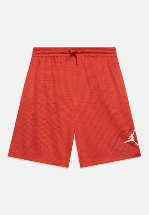 Røde basketballshorts i mesh med elastisk talje og snøre, med hvid Jumpman-logo og signatur på højre ben.