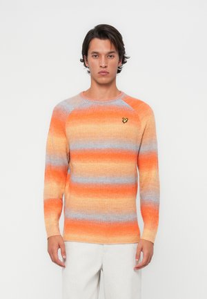 Knit sweater featuring horizontal orange, yellow, and gray stripes, ribbed texture, round neckline, and a small embroidered butterfly logo.