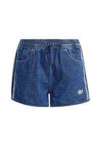 Szorty dżinsowe z elastycznym pasem, sznurkiem oraz kieszeniami po bokach. Kolor ciemnoniebieski z białymi paskami po bokach i małym logo na nogawce.