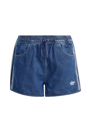 Džínové šortky s elastickým pasem, stahovací šňůrkou a bočními kapsami. Tmavě modrá barva s bílými bočními pruhy a malým logem na noze.