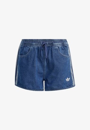 Džínové šortky s elastickým pasem, stahovací šňůrkou a bočními kapsami. Tmavě modrá barva s bílými bočními pruhy a malým logem na noze.