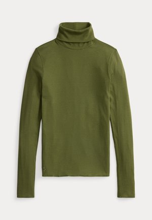 Olijf groene coltrui met lange mouwen, gemaakt van ribbelstof, met een hoge kraag en een aansluitende pasvorm, voorzien van een geborduurd logo aan de onderkant.