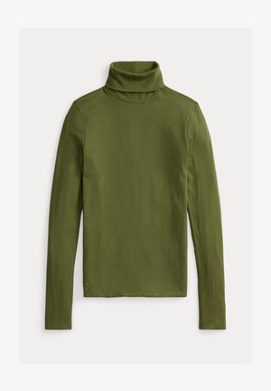 Olivgrünes Rollkragenlangarmshirt aus geripptem Stoff, mit hohem Kragen und figurnahem Schnitt, mit gesticktem Logo am Saum.