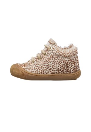 Child's high-top sneaker with brown rubber sole, beige and brown spotted furry fabric, beige laces, and metal eyelets.