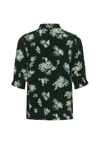 Gėlėta trumpomis rankovėmis palaidinė, tamsiai žalia su baltais ir mėlynais raštais, lengvas audinys, apykaklės dizainas ir surinkti rankovių akcentai.