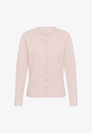 Gaiši rozā kardigans no mīksta materiāla ar garām piedurknēm, apaļu kakla izgriezumu un pogu aizdari ar saskanīgām pogām.