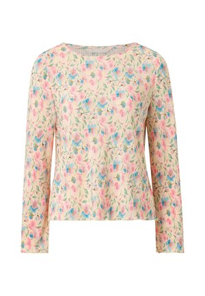 Prążkowany top z długim rękawem z pastelowym różowym, niebieskim i zielonym kwiatowym nadrukiem na kremowym tle, z okrągłym dekoltem.