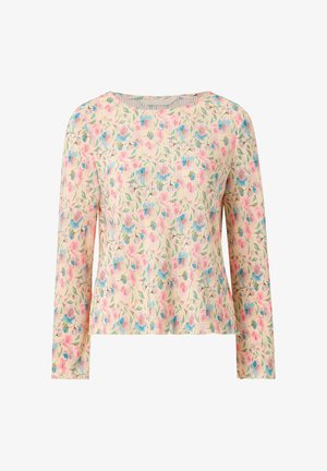 Prążkowany top z długim rękawem z pastelowym różowym, niebieskim i zielonym kwiatowym nadrukiem na kremowym tle, z okrągłym dekoltem.