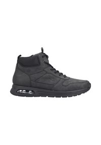 Schwarze High-Top-Schuhe aus glattem Leder mit einem Netzkragen, Schnürung und transparenter Luftpolsterung in der Sohle.