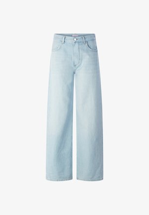 Šviesiai mėlynos spalvos platėjantys platėjantys džinsai su aukštu liemeniu, priekyje susegami sagomis ir užtrauktuku, su diržo kilpelėmis ir klasikinio penkių kišenių dizainu.