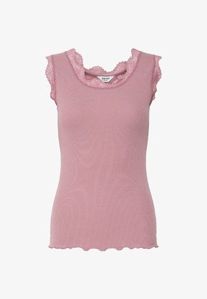 Rosa ärmelloses, geripptes Top mit Spitzenbesatz an den Schultern und am Ausschnitt, mit leicht geschwungenem Saum.
