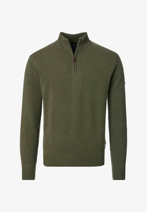 Langärmliger Pullover in Olivgrün aus Strick mit gerippten Bündchen und Saum, ausgestattet mit einem halbhohen Reißverschlusskragen und einem Reißverschlussanhänger aus Leder.
