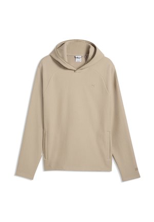 Sweat à capuche beige texturé à manches longues avec une coupe décontractée, poches avant et petit logo brodé sur la poitrine.