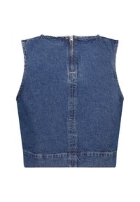 Sleeveless blue denim vest with a back zipper closure and visible stitching along the edges and seams.