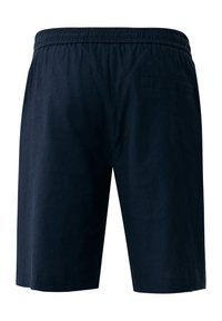 Dunkelblaue Shorts aus Baumwollmischung mit elastischem Taillenbund, ausgestattet mit einer einzelnen Gesäßtasche und einer leichten, glatten Textur.