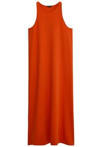 Robe maxi sans manches orange en tissu doux ; présente une coupe décontractée et une silhouette droite. Aucun motif ni détail en matériel visible.