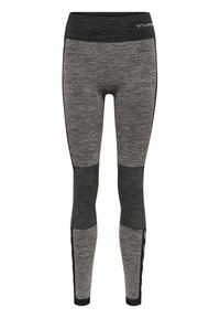 Leggings grigi e neri con una cintura alta, caratterizzati da pannelli testurizzati e un design in tessuto misto, ideali per l'abbigliamento sportivo o il fitness.