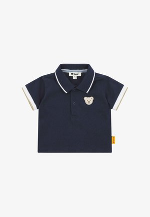 Dunkelblaues Poloshirt mit kurzen Ärmeln, weißen Streifenakzenten und einem Bärenlogo auf der Brust. Hergestellt aus strukturiertem Stoff mit einem knöpfbaren Kragen.