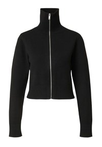 Schwarzer, kurzer Pullover mit hohem Kragen, durchgehendem Reißverschluss, gerippten Bündchen und Saum. Hergestellt aus strukturiertem Strickmaterial.