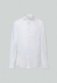 Weißes Langarmhemd aus glattem Stoff, mit klassischem Kragen, durchgehender Knopfleiste und abgerundetem Saum. Einfaches Design ohne Muster.