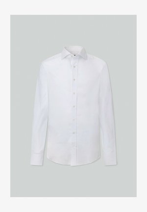 Witte blouse met lange mouwen van gladde stof, met een klassieke kraag, knoopsluiting aan de voorkant en een gebogen zoom. Eenvoudig ontwerp zonder patronen.