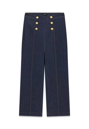 Donkere blauwe denim wijde broek met hoge taille en zes goudkleurige knopen, gerangschikt in twee verticale rijen nabij de tailleband.