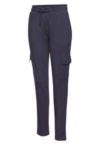 Navy cargo pants with elastic waistband, drawstring, two side pockets, and one patch pocket on the thigh. Made from soft, flexible material.