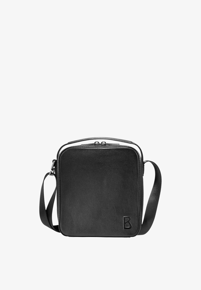 Čierna štvorcová kožená taška cez rameno so zipsovým zapínaním, nastaviteľným ramenným popruhom a vyrazeným logom "B" v prednom dolnom pravom rohu.