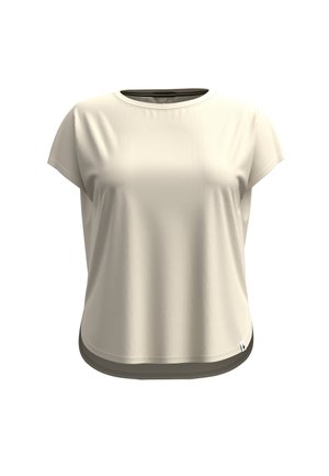 Ljust beige kortärmad t-shirt med rund hals, avslappnad passform och en kontrasterande mörk fåll i nederkant. Slätt, lättviktigt tyg.