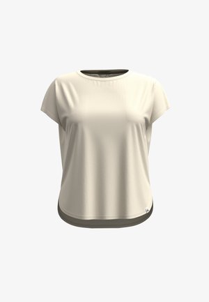 T-shirt léger beige clair à manches courtes, col rond, coupe décontractée et ourlet foncé contrastant en bas. Tissu lisse et léger.