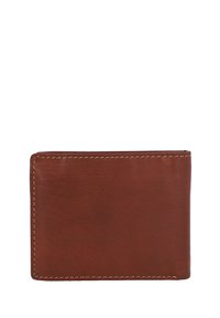 Brown leather wallet with textured surface, simple rectangular design, and contrasting stitched edges. No visible hardware or accents.